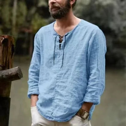 Primavera nueva camiseta de lino y algodón para hombre, camisetas de vendaje con cuello en V de Color sólido para hombre, camiseta informal de lino de manga larga