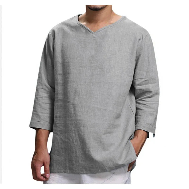 Primavera nueva camiseta de lino y algodón para hombre, camisetas de vendaje con cuello en V de Color sólido para hombre, camiseta informal de lino de manga larga
