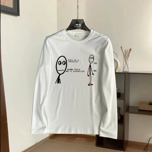 Camiseta de manga larga de algodón puro para hombre, transpirable con estampado de eslogan humorístico de graffiti, nueva