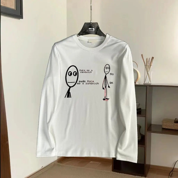 Camiseta de manga larga de algodón puro para hombre, transpirable con estampado de eslogan humorístico de graffiti, nueva