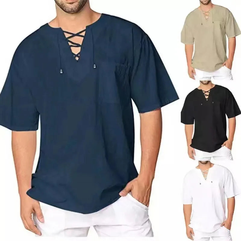 Primavera nueva camiseta de lino y algodón para hombre, camisetas de vendaje con cuello en V de Color sólido para hombre, camiseta informal de lino de manga larga