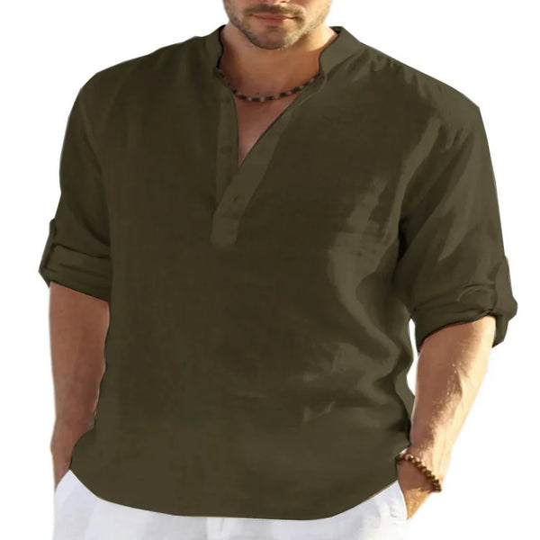 Primavera nueva camiseta de lino y algodón para hombre, camisetas de vendaje con cuello en V de Color sólido para hombre, camiseta informal de lino de manga larga