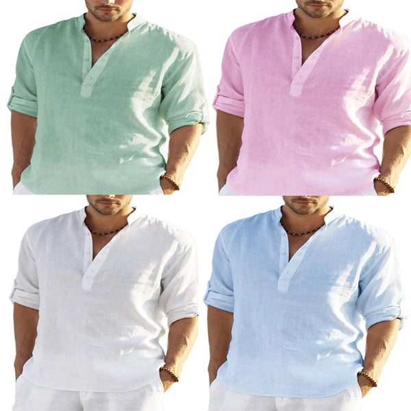 Primavera nueva camiseta de lino y algodón para hombre, camisetas de vendaje con cuello en V de Color sólido para hombre, camiseta informal de lino de manga larga