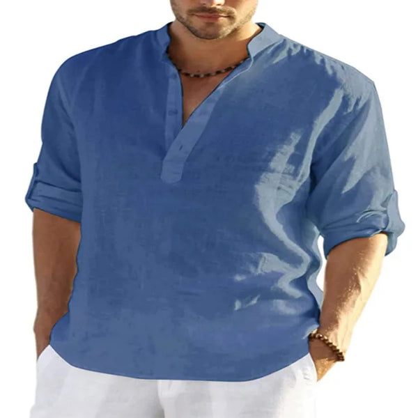 Primavera nueva camiseta de lino y algodón para hombre, camisetas de vendaje con cuello en V de Color sólido para hombre, camiseta informal de lino de manga larga