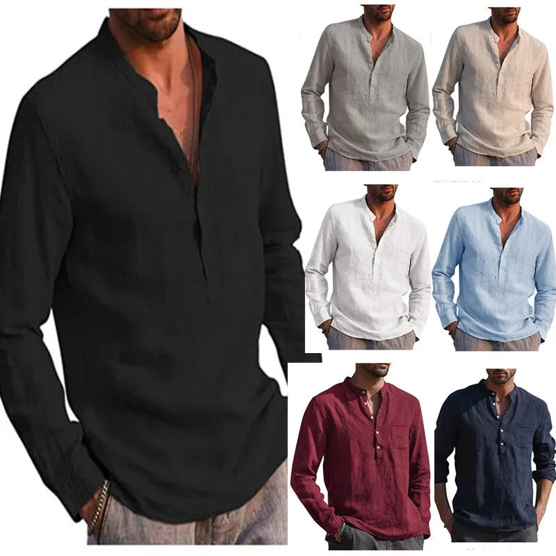 Primavera nueva camiseta de lino y algodón para hombre, camisetas de vendaje con cuello en V de Color sólido para hombre, camiseta informal de lino de manga larga
