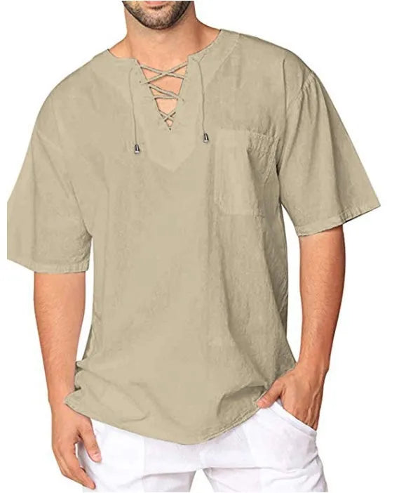 Primavera nueva camiseta de lino y algodón para hombre, camisetas de vendaje con cuello en V de Color sólido para hombre, camiseta informal de lino de manga larga