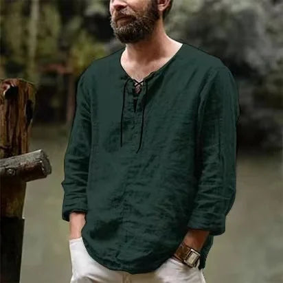 Primavera nueva camiseta de lino y algodón para hombre, camisetas de vendaje con cuello en V de Color sólido para hombre, camiseta informal de lino de manga larga