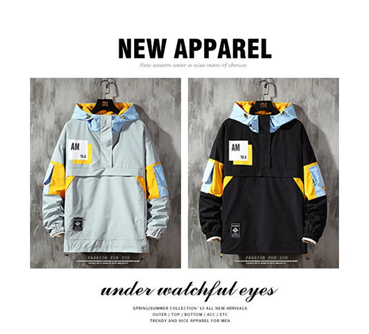 Chaqueta con capucha para hombre, ropa de calle a la moda, chaqueta con capucha de retales con contraste de Color, cortavientos impermeable, abrigo con cremallera, prendas de vestir para hombre