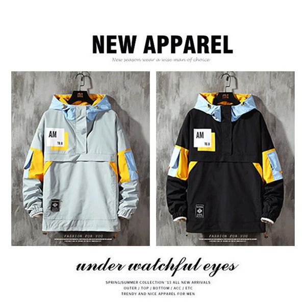 Chaqueta con capucha para hombre, ropa de calle a la moda, chaqueta con capucha de retales con contraste de Color, cortavientos impermeable, abrigo con cremallera, prendas de vestir para hombre