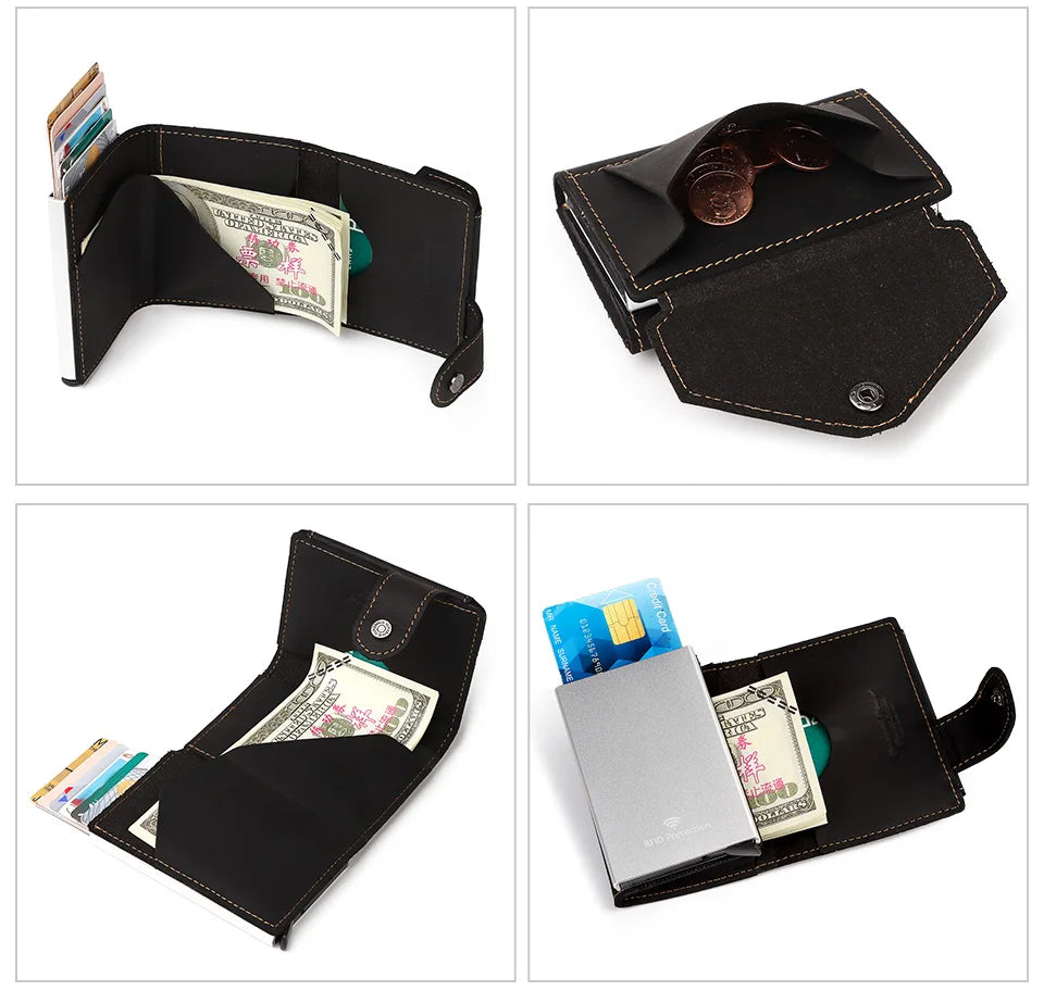 Billetera delgada para hombre, monedero con cerrojo de lujo, billeteras cortas para hombre, tarjetero para tarjetas bancarias de cuero genuino, credencial de viaje de crédito