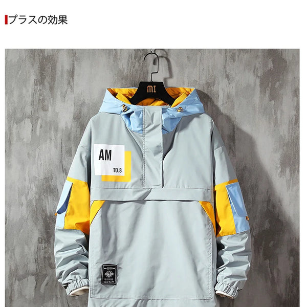 Chaqueta con capucha para hombre, ropa de calle a la moda, chaqueta con capucha de retales con contraste de Color, cortavientos impermeable, abrigo con cremallera, prendas de vestir para hombre