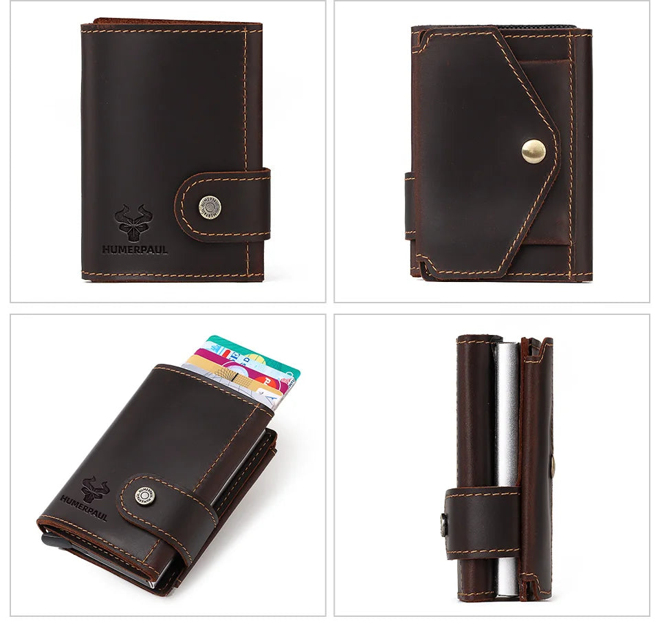 Billetera delgada para hombre, monedero con cerrojo de lujo, billeteras cortas para hombre, tarjetero para tarjetas bancarias de cuero genuino, credencial de viaje de crédito