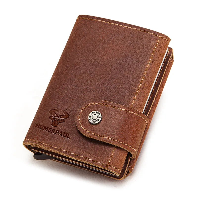 Billetera delgada para hombre, monedero con cerrojo de lujo, billeteras cortas para hombre, tarjetero para tarjetas bancarias de cuero genuino, credencial de viaje de crédito