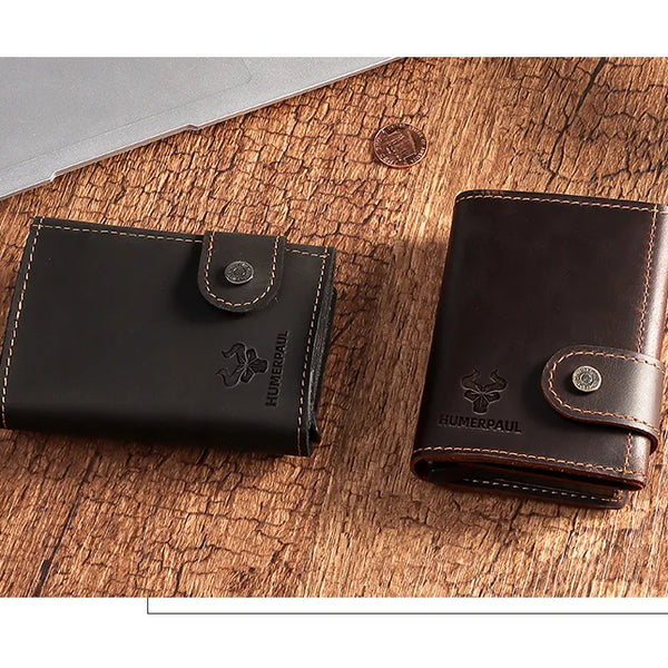 Billetera delgada para hombre, monedero con cerrojo de lujo, billeteras cortas para hombre, tarjetero para tarjetas bancarias de cuero genuino, credencial de viaje de crédito