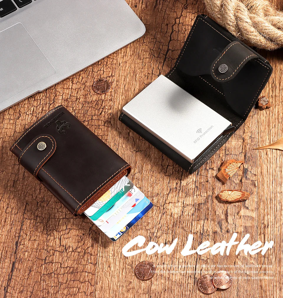 Billetera delgada para hombre, monedero con cerrojo de lujo, billeteras cortas para hombre, tarjetero para tarjetas bancarias de cuero genuino, credencial de viaje de crédito