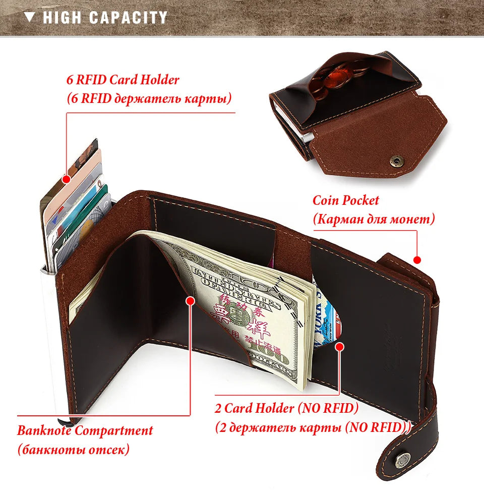Billetera delgada para hombre, monedero con cerrojo de lujo, billeteras cortas para hombre, tarjetero para tarjetas bancarias de cuero genuino, credencial de viaje de crédito