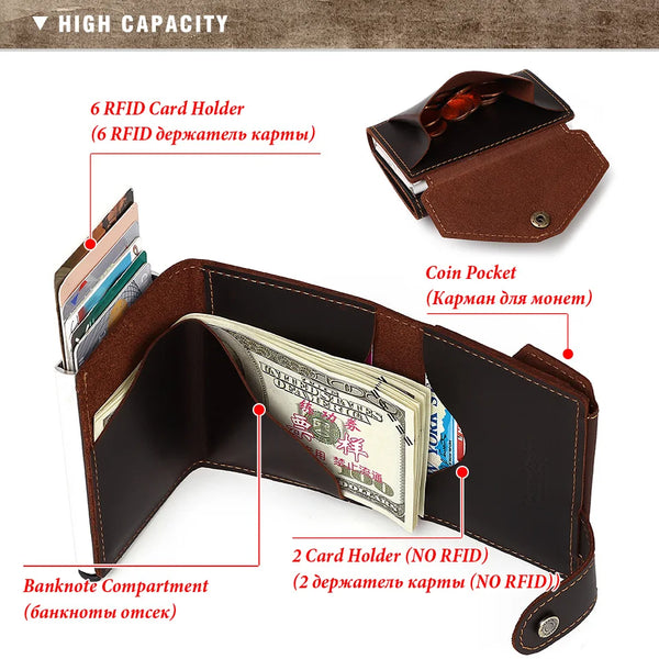 Billetera delgada para hombre, monedero con cerrojo de lujo, billeteras cortas para hombre, tarjetero para tarjetas bancarias de cuero genuino, credencial de viaje de crédito