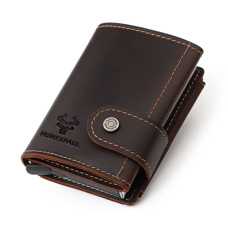Billetera delgada para hombre, monedero con cerrojo de lujo, billeteras cortas para hombre, tarjetero para tarjetas bancarias de cuero genuino, credencial de viaje de crédito