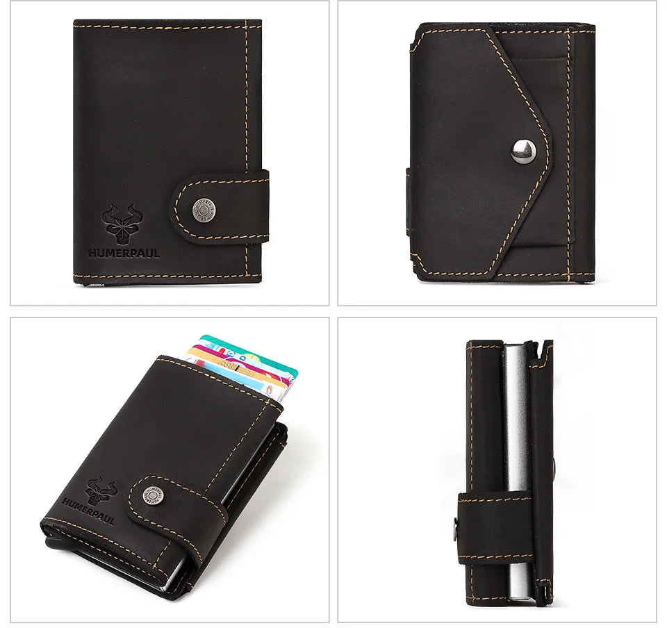 Billetera delgada para hombre, monedero con cerrojo de lujo, billeteras cortas para hombre, tarjetero para tarjetas bancarias de cuero genuino, credencial de viaje de crédito