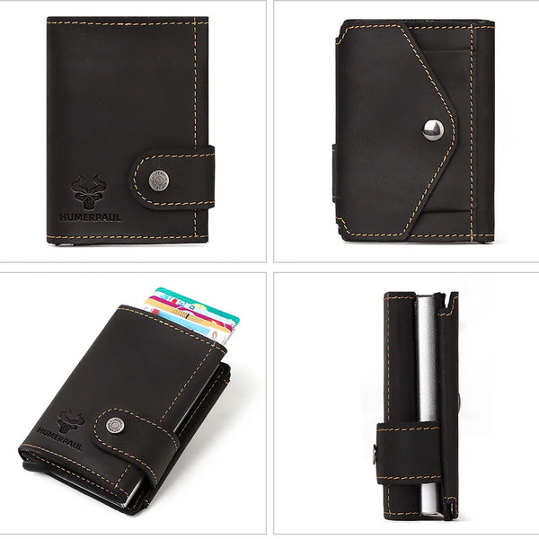 Billetera delgada para hombre, monedero con cerrojo de lujo, billeteras cortas para hombre, tarjetero para tarjetas bancarias de cuero genuino, credencial de viaje de crédito
