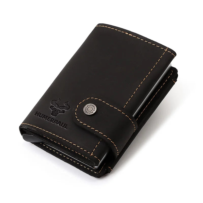Billetera delgada para hombre, monedero con cerrojo de lujo, billeteras cortas para hombre, tarjetero para tarjetas bancarias de cuero genuino, credencial de viaje de crédito