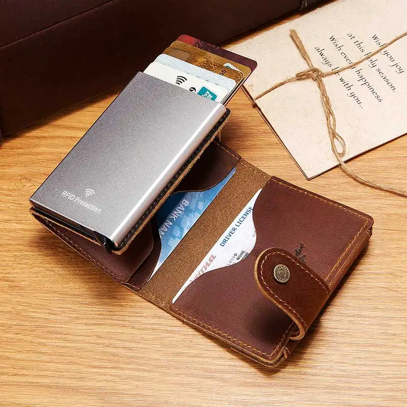 Billetera delgada para hombre, monedero con cerrojo de lujo, billeteras cortas para hombre, tarjetero para tarjetas bancarias de cuero genuino, credencial de viaje de crédito