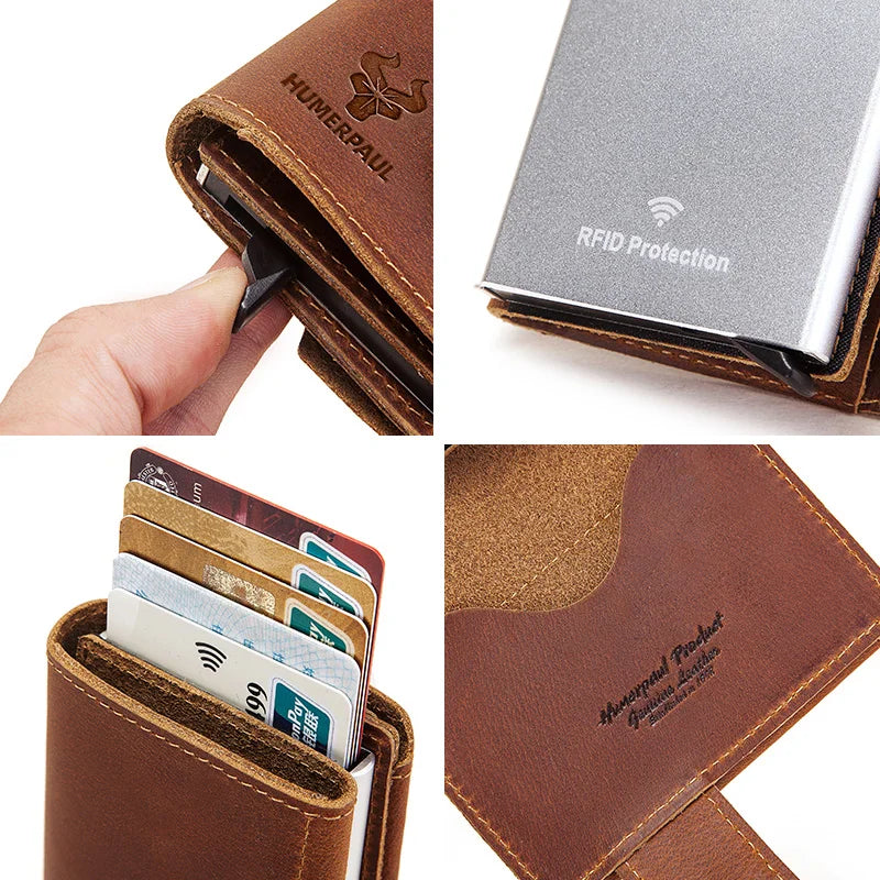 Billetera delgada para hombre, monedero con cerrojo de lujo, billeteras cortas para hombre, tarjetero para tarjetas bancarias de cuero genuino, credencial de viaje de crédito