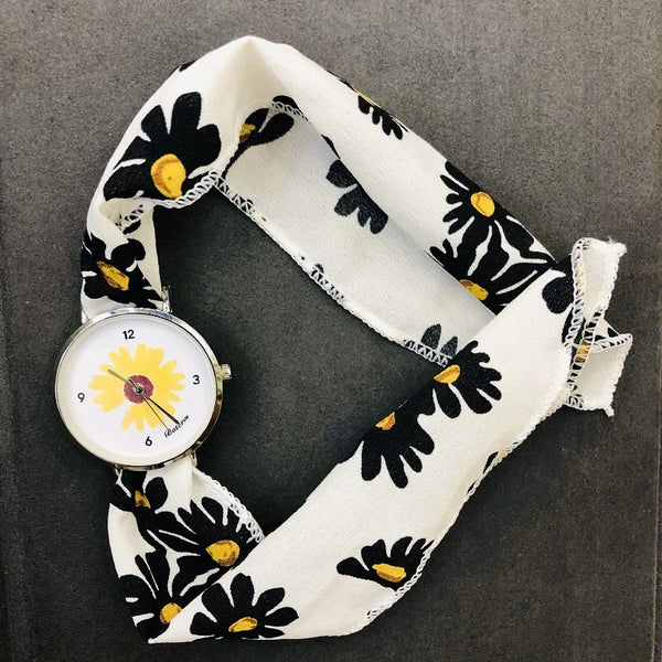 Reloj de cuarzo con correa única de tela de margaritas para mujer - Reloj casual de moda con diseño de girasol