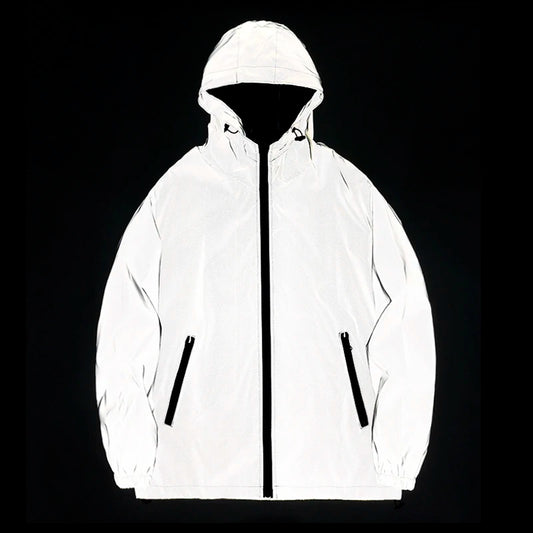Chaquetas reflectantes de noche, cortavientos de doble tela, chaqueta con capucha para hombres, abrigos impermeables con cremallera.