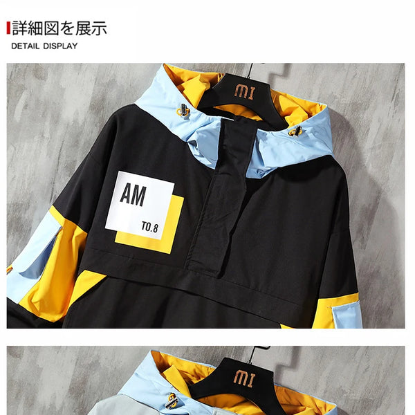 Chaqueta con capucha para hombre, ropa de calle a la moda, chaqueta con capucha de retales con contraste de Color, cortavientos impermeable, abrigo con cremallera, prendas de vestir para hombre
