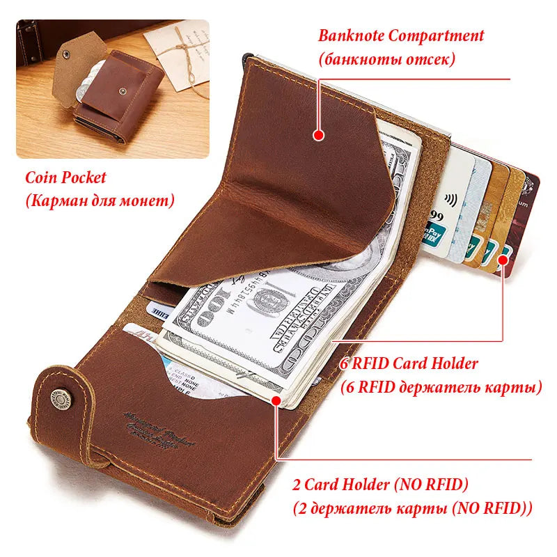Billetera delgada para hombre, monedero con cerrojo de lujo, billeteras cortas para hombre, tarjetero para tarjetas bancarias de cuero genuino, credencial de viaje de crédito