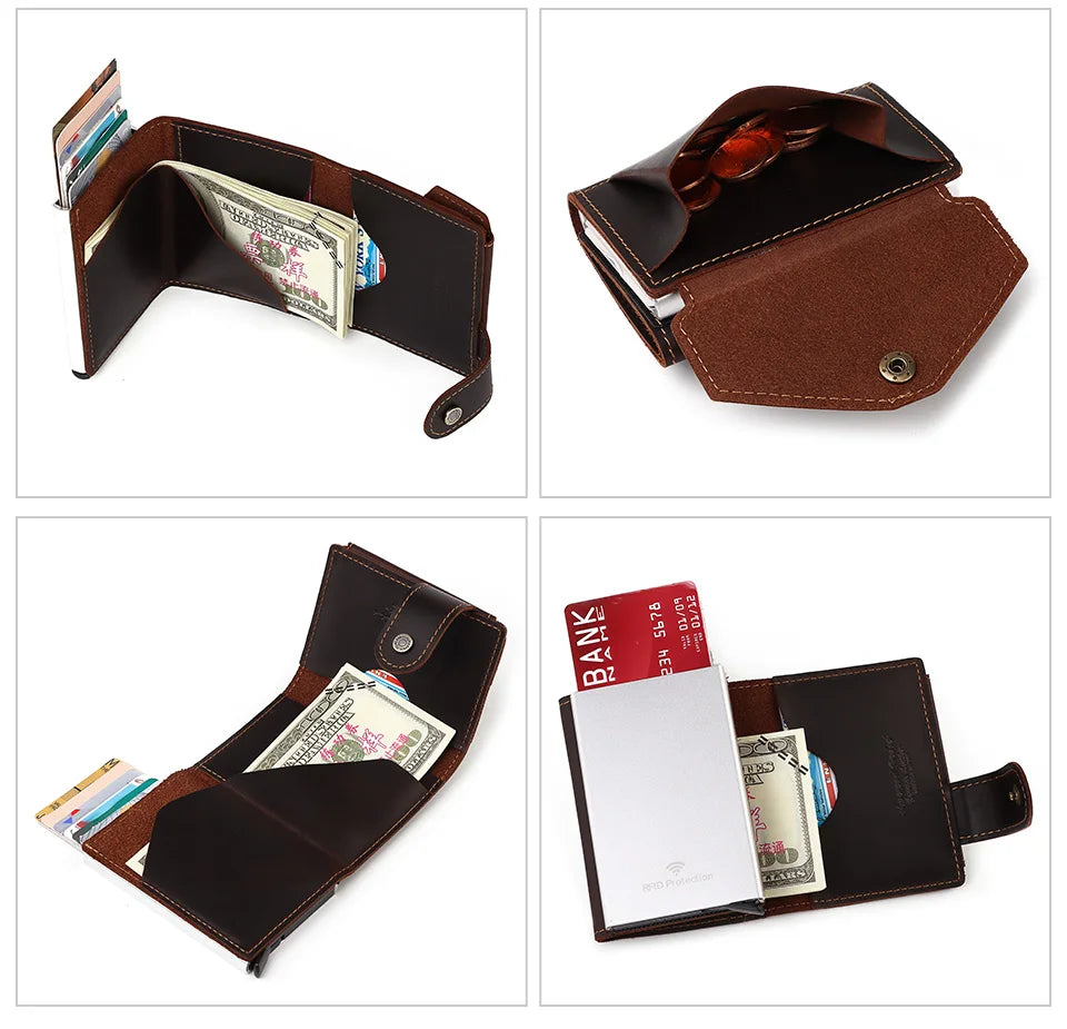 Billetera delgada para hombre, monedero con cerrojo de lujo, billeteras cortas para hombre, tarjetero para tarjetas bancarias de cuero genuino, credencial de viaje de crédito
