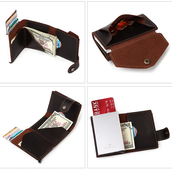 Billetera delgada para hombre, monedero con cerrojo de lujo, billeteras cortas para hombre, tarjetero para tarjetas bancarias de cuero genuino, credencial de viaje de crédito