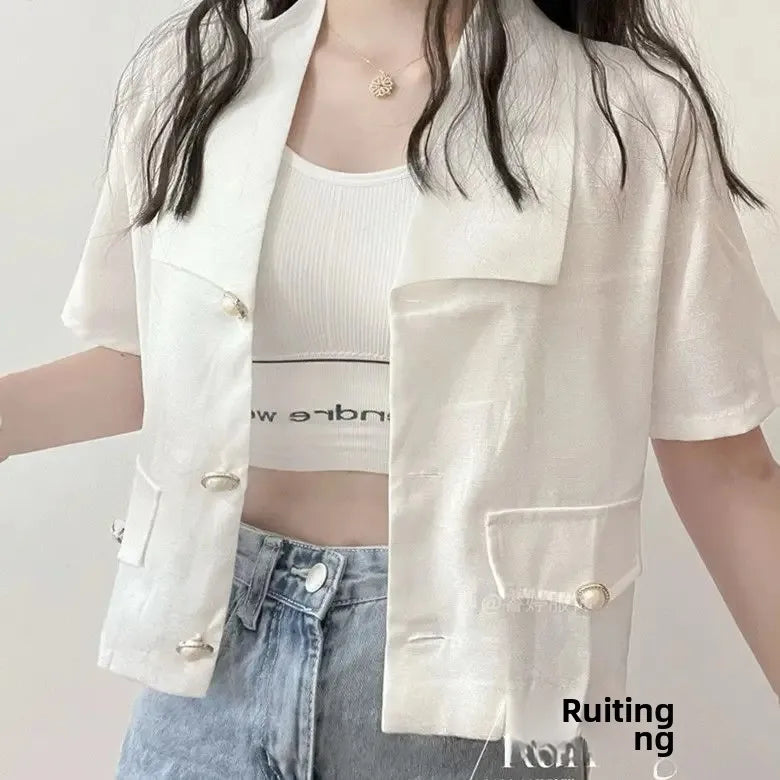 Chaqueta corta de estilo de fragancia para mujer, abrigo informal holgado de manga corta de fibra de poliéster, versión coreana, novedad de verano