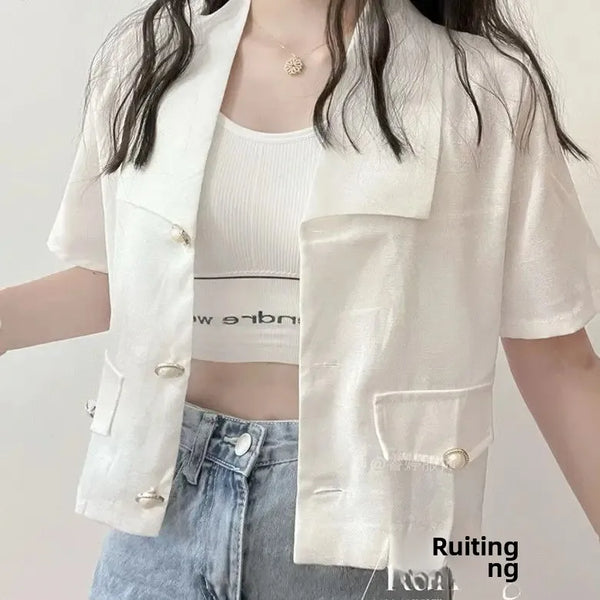 Chaqueta corta de estilo de fragancia para mujer, abrigo informal holgado de manga corta de fibra de poliéster, versión coreana, novedad de verano