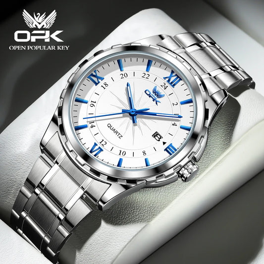 Reloj de cuarzo para hombre con doble calendario y correa de acero marca OPK