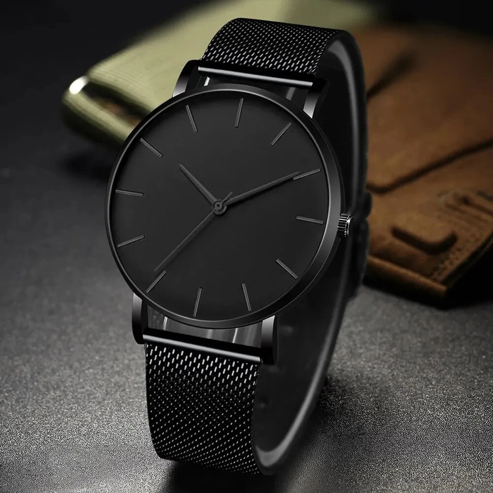 Relojes negros de negocios a la moda para hombre, reloj de pulsera de cuarzo con correa de malla ultrafina de acero inoxidable de lujo para hombre, reloj clásico informal para hombre