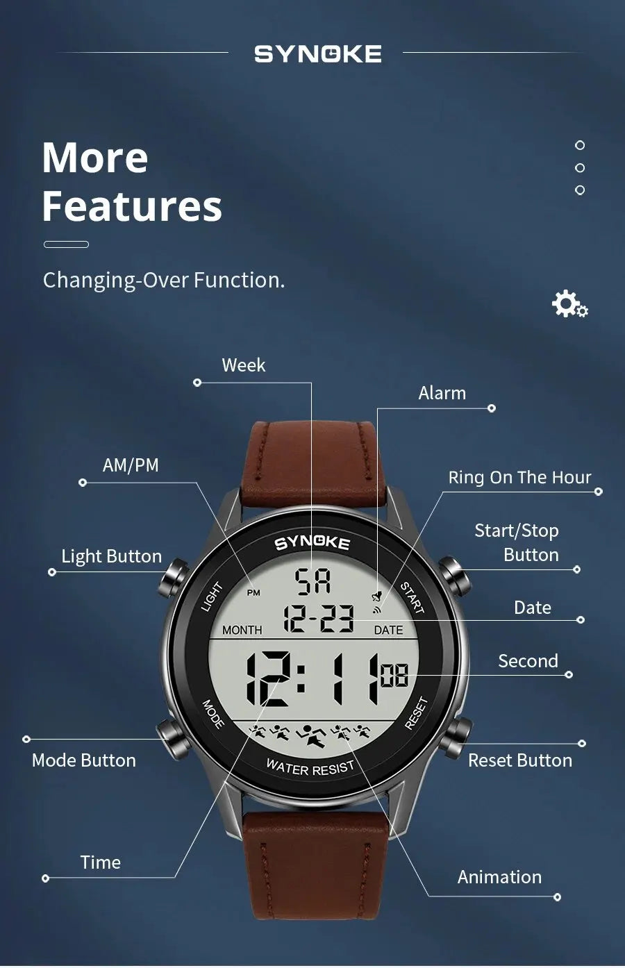 Reloj deportivo multifuncional para hombre, pantalla grande resistente al agua, luminoso, LED, Digital, correa de moda