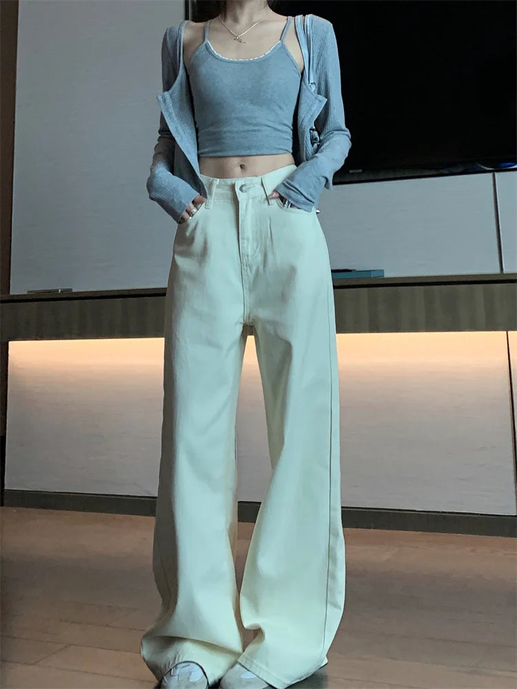 Jeans de verano para mujer - Pantalones vaqueros de pierna ancha color crema |