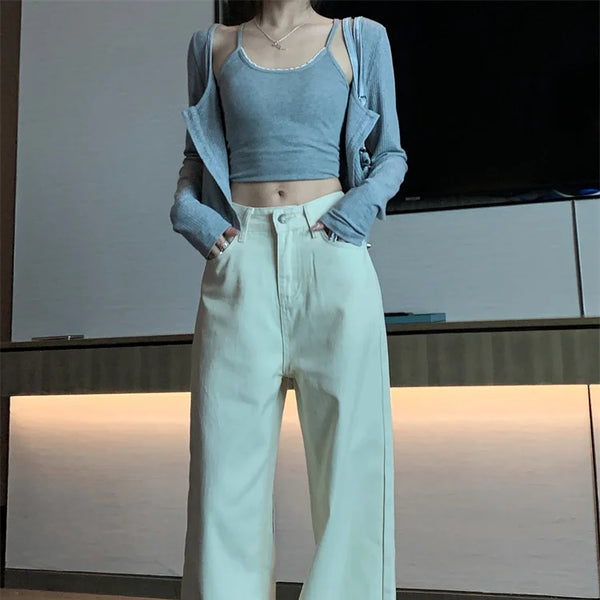 Jeans de verano para mujer - Pantalones vaqueros de pierna ancha color crema |