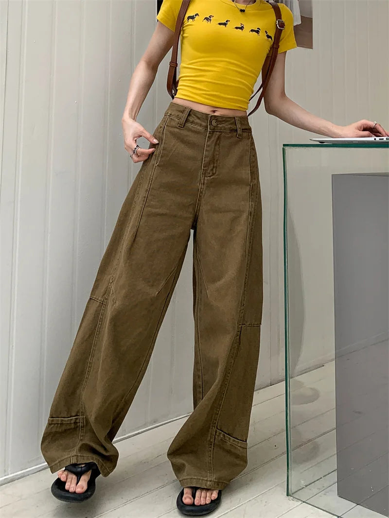 Pantalon vaquero de verano para mujer, pantalones vaqueros de color caqui de gran tamaño, pantalones drapeados de pierna ancha y cintura alta, estilo callejero americano