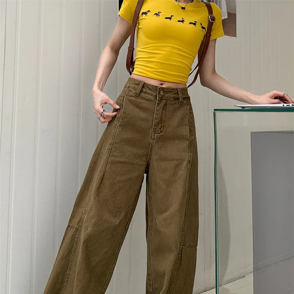 Pantalon vaquero de verano para mujer, pantalones vaqueros de color caqui de gran tamaño, pantalones drapeados de pierna ancha y cintura alta, estilo callejero americano