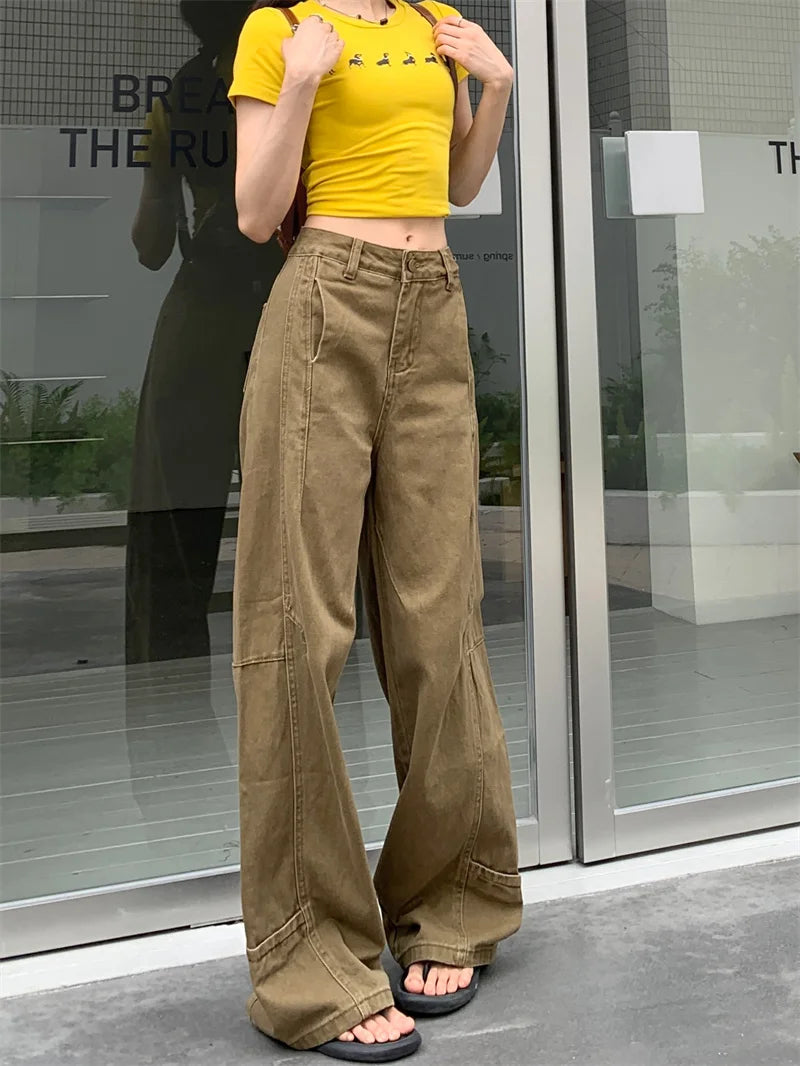 Pantalon vaquero de verano para mujer, pantalones vaqueros de color caqui de gran tamaño, pantalones drapeados de pierna ancha y cintura alta, estilo callejero americano