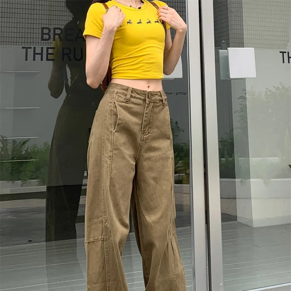 Pantalon vaquero de verano para mujer, pantalones vaqueros de color caqui de gran tamaño, pantalones drapeados de pierna ancha y cintura alta, estilo callejero americano