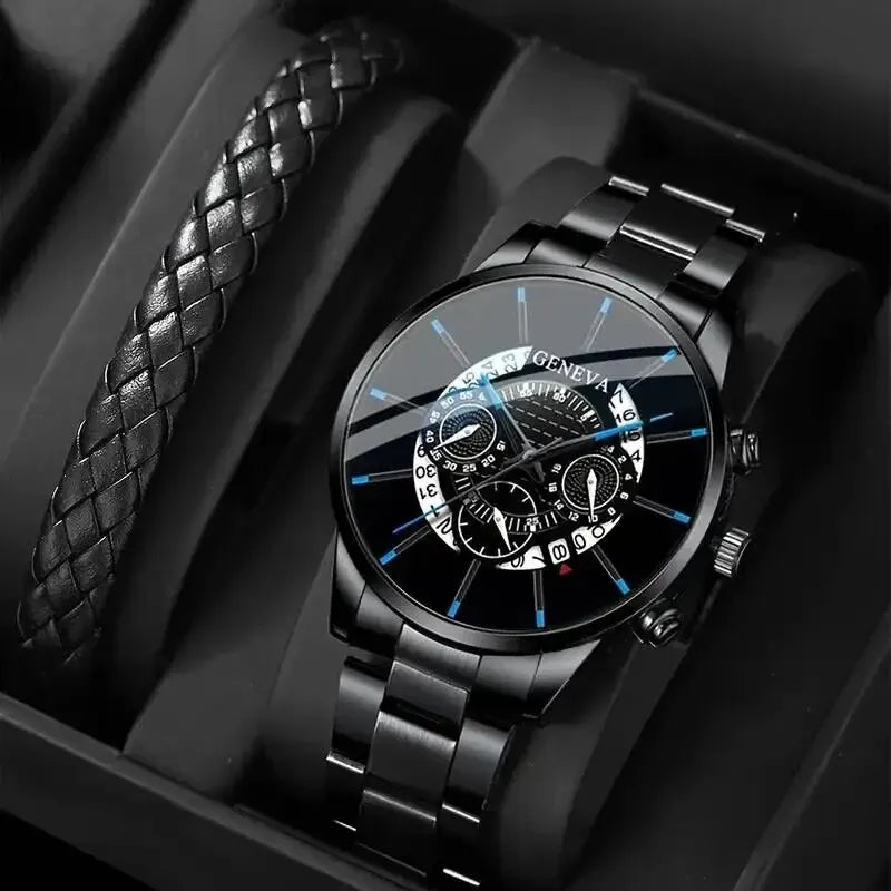 Reloj de pulsera para hombre, cronógrafo redondo de acero negro con calendario, a la moda, 2 piezas
