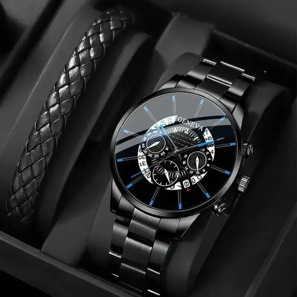 Reloj de pulsera para hombre, cronógrafo redondo de acero negro con calendario, a la moda, 2 piezas