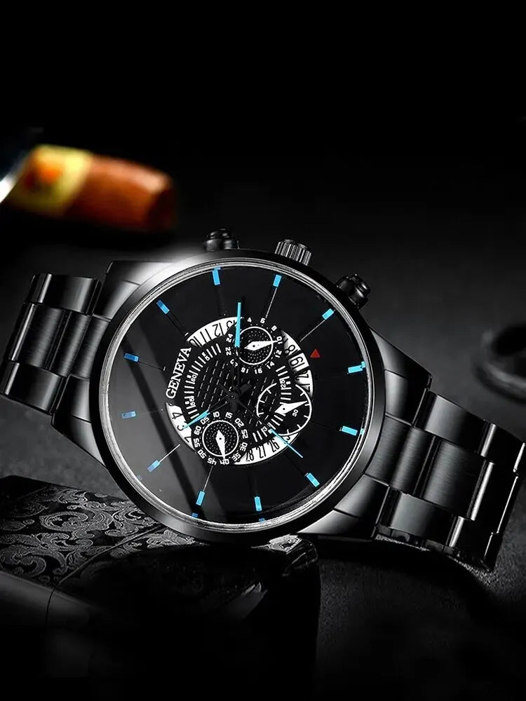 Reloj de pulsera para hombre, cronógrafo redondo de acero negro con calendario, a la moda, 2 piezas