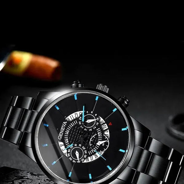 Reloj de pulsera para hombre, cronógrafo redondo de acero negro con calendario, a la moda, 2 piezas