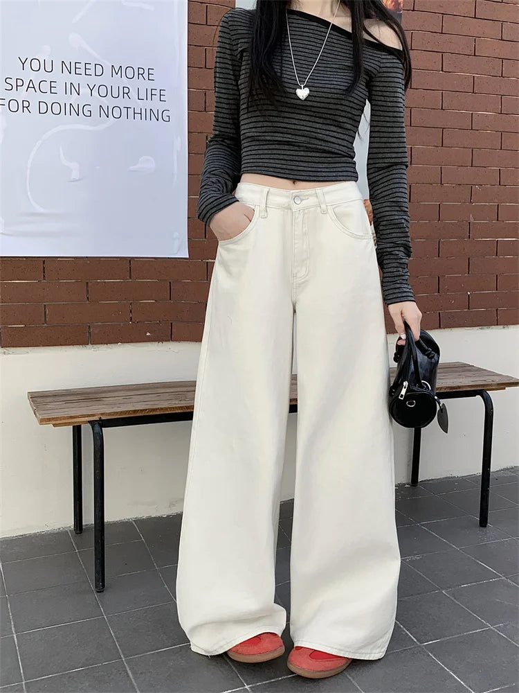 Pantalones vaqueros holgados blancos para mujer, nueva moda coreana informal Y2k, pantalones vaqueros holgados de cintura