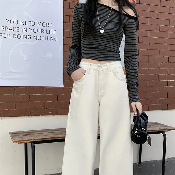 Pantalones vaqueros holgados blancos para mujer, nueva moda coreana informal Y2k, pantalones vaqueros holgados de cintura